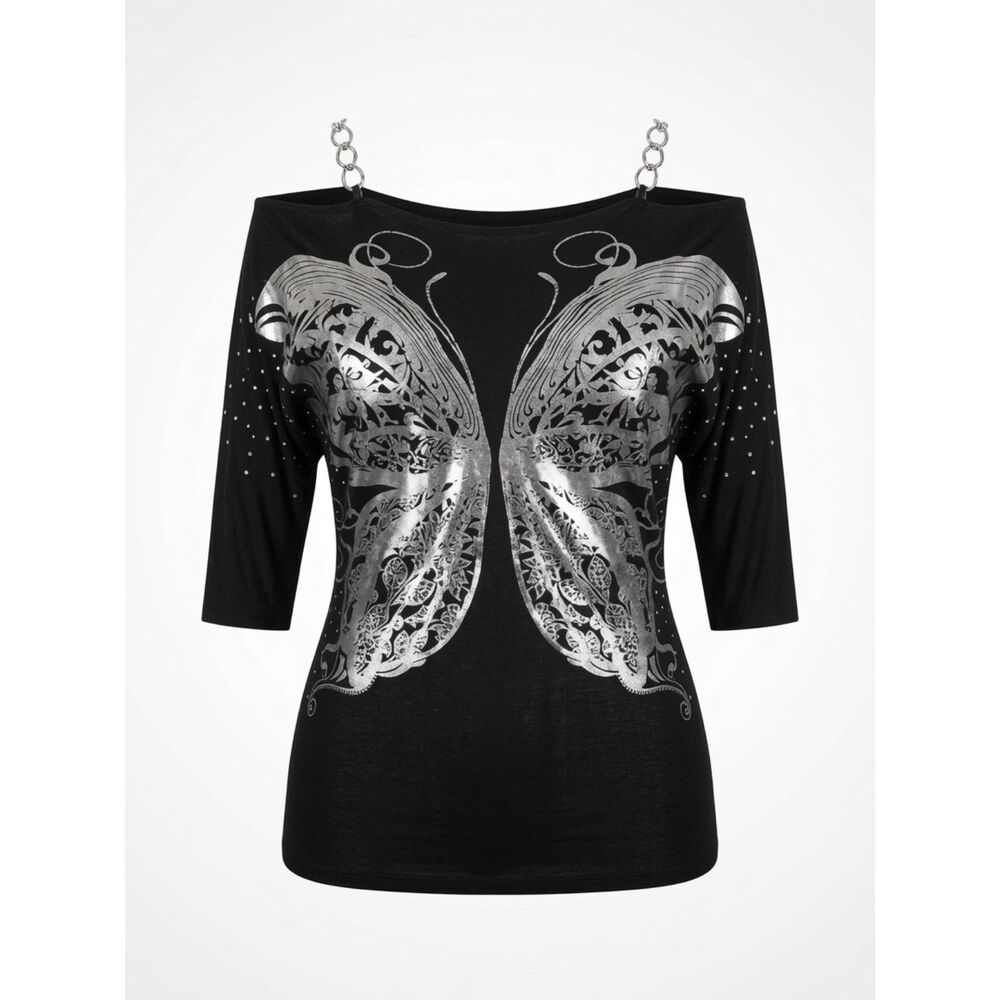 Y2K Whimsigoth Silver Metallic Foil Butterfly Off Shoulder Chain Strap Sz L Top